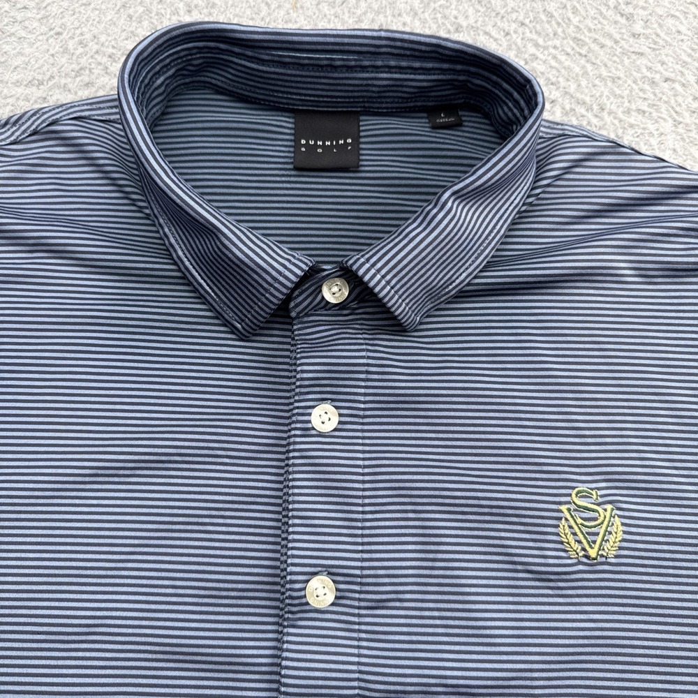Dunning Golf Polo Shirt Mens Large S/S Blue Black Stripe Performance Stretch